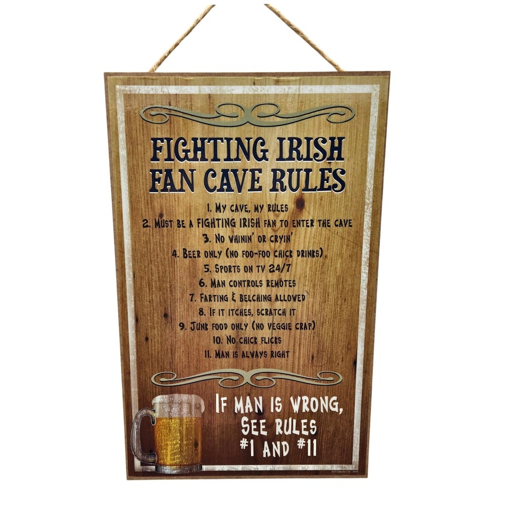 Fighting Irish Fan Cave Rules Wooden Sign 10x16 Love & Laughter Sports Decor USA